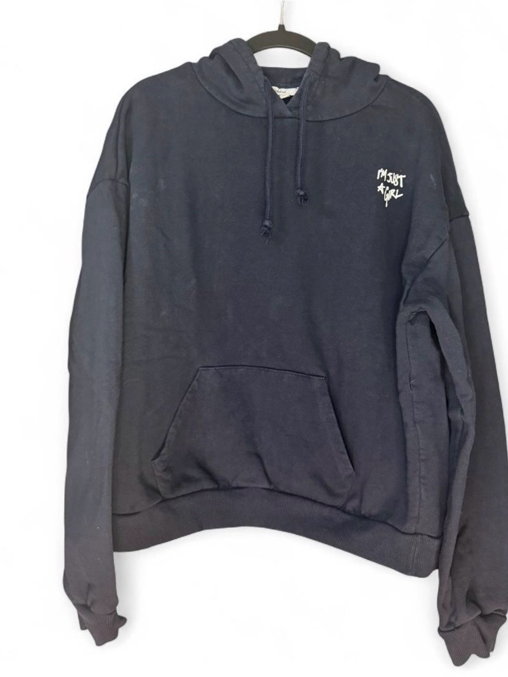 "I'm Just A Girl" Oversized Pullover Hoodie - Navy Blue / Dark Gray - Size Small